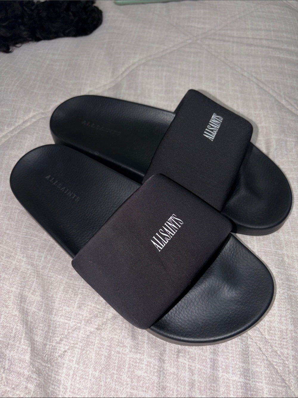 All Saints Black Slide Sandals with Logo Strap